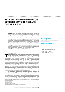Bath and Bathing in Dacia (1). Current State of Research of the Balnea