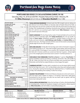PORTLAND SEA DOGS (15-24) at ALTOONA CURVE (19-18) Saturday, May 19, 2018 at 6:00 PM • Peoples Natural Gas Field • Altoona, PA RH Mike Shawaryn (2-4, 4.12) Vs