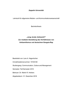 Jung, Brutal, Antisemit?“ Zur Medialen Darstellung Des Verhältnisses Von Antisemitismus Und Deutschem Gangsta-Rap