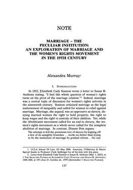 Marriage - the Peculiar Institution: an Exploration of Marriage and the Women's Rights Movement in the 19Th Century