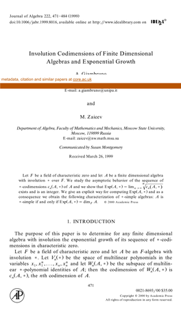 Involution Codimensions of Finite Dimensional Algebras and Exponential Growth