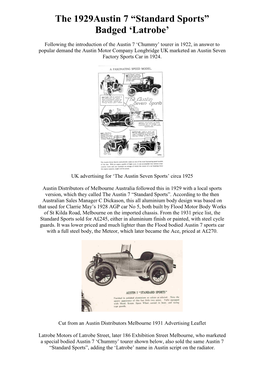 The 1929Austin 7 “Standard Sports” Badged 'Latrobe'