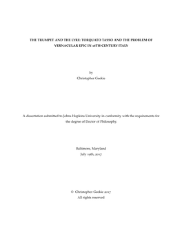 Torquato Tasso and the Problem of Vernacular Epic in 16Th-Century Italy