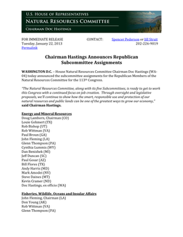 Chairman Hastings Announces Republican Subcommittee Assignments