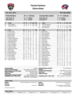 Florida Panthers Game Notes