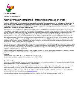 Aker BP Merger Completed – Integration Process on Track