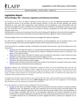 Legislative Report Richard Bridges, MD – Chairman, Legislative and Advocacy Committee