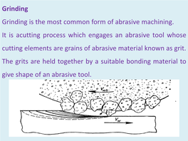 Grinding Grinding Is the Most Common Form of Abrasive Machining. It Is Acutting Process Which Engages an Abrasive Tool Whose