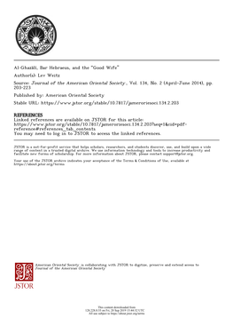 Al-Ghazālī, Bar Hebraeus, and the “Good Wife” Author(S): Lev Weitz Source: Journal of the American Oriental Society , Vol