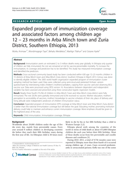 23 Months in Arba Minch Town and Zuria District, Southern Ethiopia, 2013 Worku Animaw1*, Wondimagegn Taye2, Behailu Merdekios3, Marilign Tilahun3 and Gistane Ayele3