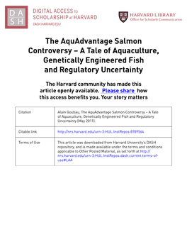 The Aquadvantage Salmon Controversy – a Tale of Aquaculture, Genetically Engineered Fish and Regulatory Uncertainty