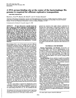 A DNA Gyrase-Binding Site at the Center of the Bacteriophage Mu Genome Is Required for Efficient Replicative Transposition (Supercoiling/Topoisomerases) MARTIN L