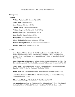 Area 5: Restoration and 18Th-Century British Literature Primary Texts 1) Drama William Wycherley, the Country Wife (1675) Aphra