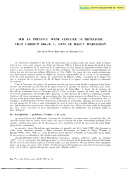 Sur La Présence D'une Cercaire De Trématode Chez Cardium Edule L