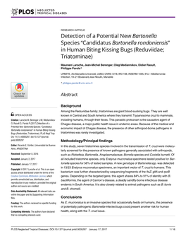 Detection of a Potential New Bartonella Species “Candidatus Bartonella Rondoniensis” in Human Biting Kissing Bugs (Reduviidae; Triatominae)