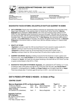 DAY 6 FEDEX ATP HEAD 2 HEADS – in Order of Play