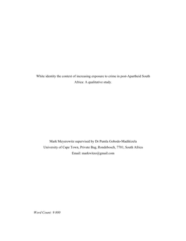 White Identity the Context of Increasing Exposure to Crime in Post-Apartheid South Africa: a Qualitative Study