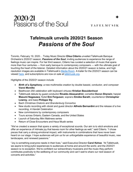 Tafelmusik Unveils 2020/21 Season: Passions of the Soul