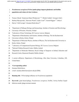 Pseudomonas Aeruginosa Pa5oct Jumbo Phage Impacts Planktonic and Biofilm 2 Population and Reduces Its Host Virulence