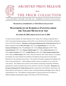 Archived Press Release the Frick Collection