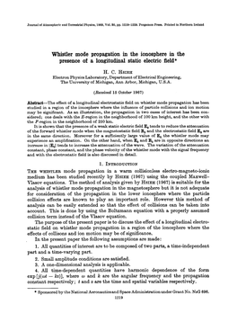 Whistler Mode Propagation in the Ionosphere in the Presence Oi a Longitudinal Static Electric Field*