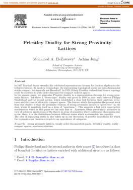 Priestley Duality for Strong Proximity Lattices