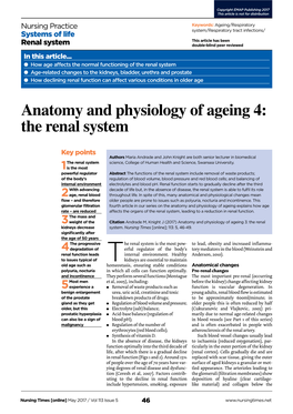 Anatomy and Physiology of Ageing 4: the Renal System