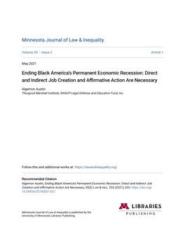 Ending Black America's Permanent Economic Recession: Direct and Indirect Job Creation and Affirmative Action Are Necessary