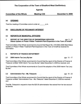 The Corporation of the Town of Bradford West Gwillimbury Agenda Committee of the Whole Meeting C30 December 9,2008