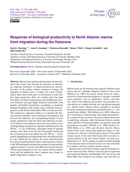 Response of Biological Productivity to North Atlantic Marine Front Migration During the Holocene