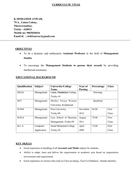 Curriculum Vitae K.Mohamed Anwar