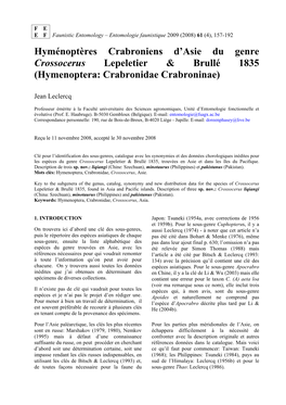 Hyménoptères Crabroniens D'asie Du Genre Crossocerus Lepeletier