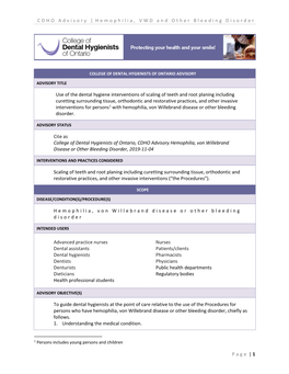 CDHO Advisory Hemophilia, Von Willebrand Disease Or Other Bleeding Disorder, 2019-11-04