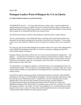 Pentagon Leaders Warn of Dangers for U.S. in Liberia