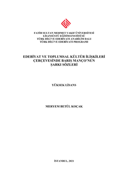 Edebiyat Ve Toplumsal Kültür Ilişkileri Çerçevesinde Barış Manço'nun Şarkı