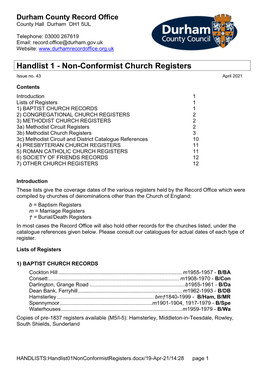 Non-Conformist Church Registers Issue No