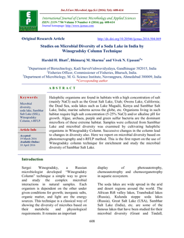 Studies on Microbial Diversity of a Soda Lake in India by Winogradsky Column Technique