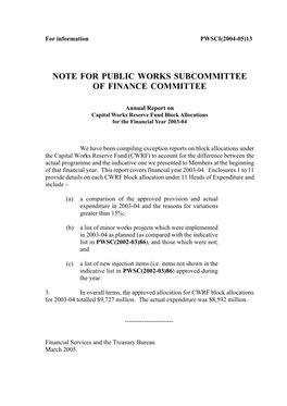 Note for Public Works Subcommittee of Finance Committee