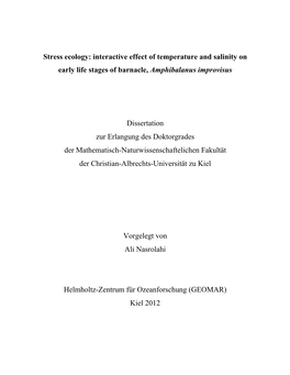 Stress Ecology: Interactive Effect of Temperature and Salinity on Early Life Stages of Barnacle, Amphibalanus Improvisus