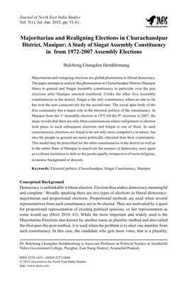 Majoritarian and Realigning Elections in Churachandpur District, Manipur: a Study of Singat Assembly Constituency in from 1972-2007 Assembly Elections