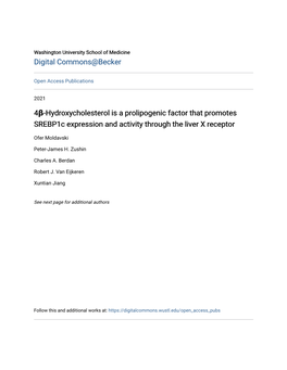 4Β-Hydroxycholesterol Is a Prolipogenic Factor That Promotes Srebp1c Expression and Activity Through the Liver X Receptor