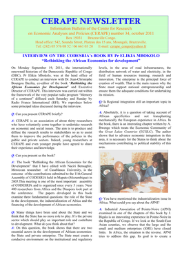 CERAPE NEWSLETTER Information Bulletin of the Centre for Research on Economic Analyses and Policies (CERAPE) Number 34, October 2011 Box 15031 Brazzaville Congo