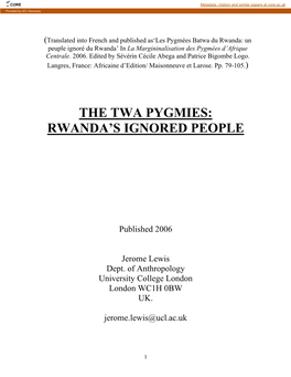 The Twa of Rwanda Continue to Be Ignored by Mainstream Rwandan Society and the Media