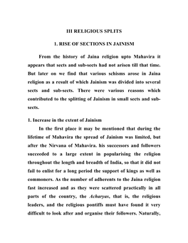 III RELIGIOUS SPLITS 1. RISE of SECTIONS in JAINISM from The