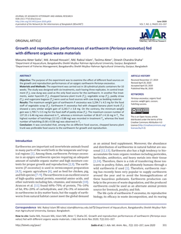 (Perionyx Excavatus) Fed with Different Organic Waste Materials Masuma Akter Sadia1, Md