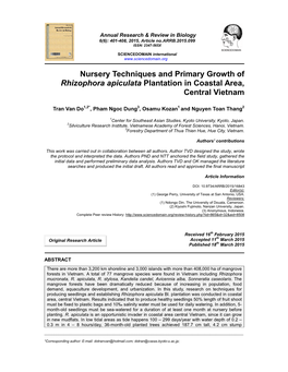 Nursery Techniques and Primary Growth of Rhizophora Apiculata Plantation in Coastal Area, Central Vietnam