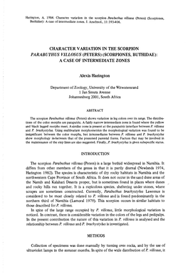 Character Variation in the Scorpion Parabuthus Villosus (Peters) (Scorpiones, Buthidae): a Case of Intermediate Zones