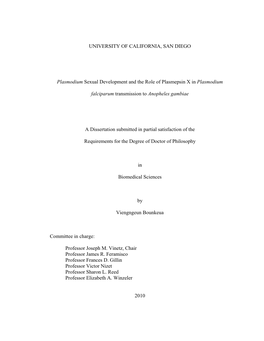 UNIVERSITY of CALIFORNIA, SAN DIEGO Plasmodium Sexual