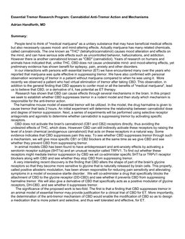 Cannabidiol Anti-Tremor Action and Mechanisms Adrian Handforth, MD