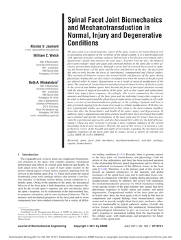 Spinal Facet Joint Biomechanics and Mechanotransduction in Normal, Injury and Degenerative